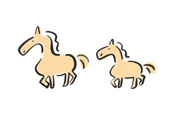 墨絵の歩くかわいい二頭の馬の親子　筆書き　2026 水彩画