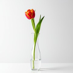 Elegant Red Tulip Flower in Glass Vase Against White Background