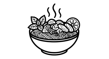 Delicious bowl of noodles with fresh herbs and lemon slice.