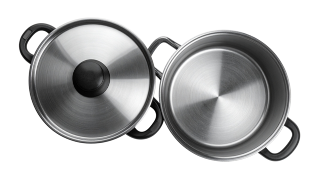 Cooking pot with lid bundle showing plain and decorative variations, isolated on transparent background