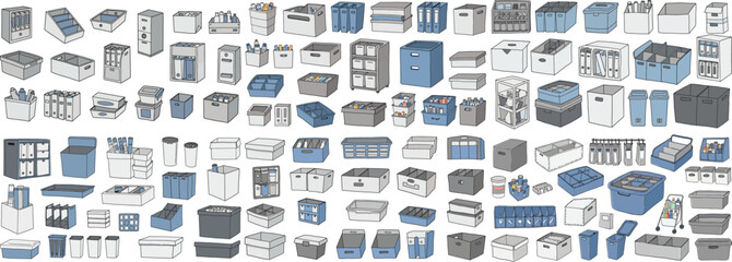 Various types of containers and storage solutions in modern design, featuring diverse shapes and sizes.