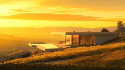 Modern house with pool on a hillside at golden sunset.