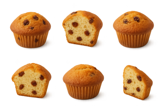 Six golden raisin muffins arranged in two rows, including halves, with visible raisins and fluffy crumb