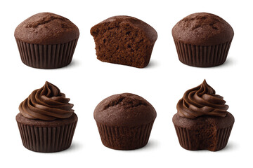 Six chocolate muffins arranged in two rows some plain, with frosting, one bitten muffin center