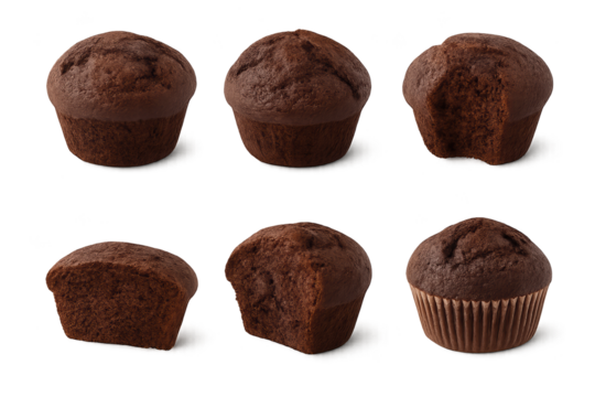 Six chocolate muffins with domed tops, arranged in two rows on transparent background