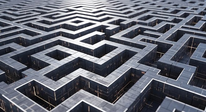 A complex dark gray maze with a metallic texture and a perspective view showing the intricate pathways
