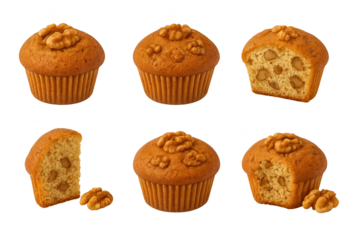 Six golden walnut muffins with toppings one muffin cut open showing moist crumb