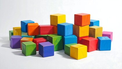 A pile of brightly colored wooden cubes, stacked haphazardly against a clean white backdrop. Each cube is a different primary or secondary hue