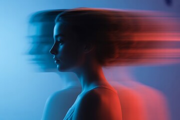 Dynamic portrait captures a woman's profile in motion with vibrant blue and red light streaks creating a sense of speed and energy
