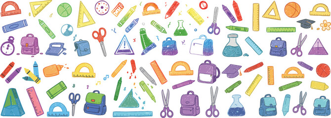 Colorful school supplies illustration featuring various tools and objects for learning and creativity.
