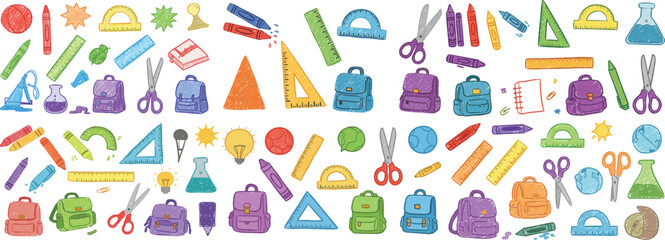 Colorful school supplies illustration featuring backpacks, rulers, and crayons in vibrant hues.