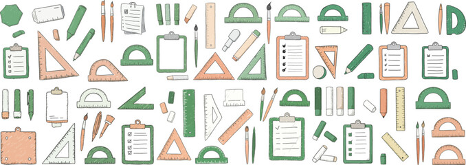 Colorful assortment of stationery items including rulers, clips, and pens in green and orange hues.
