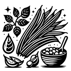Illustration of beans in a bowl with a spoon, leaves, and pods in a black and white drawing style