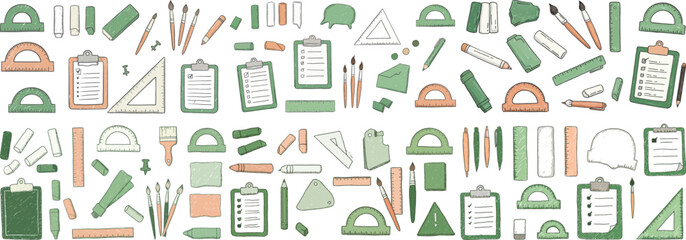A vibrant collection of art supplies and office tools in green and orange hues, perfect for creative projects.