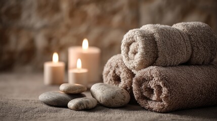 Cozy Spa Atmosphere with Rolled Towels, Smooth Stones, and Soft Candlelight for Relaxation and Wellness Retreats