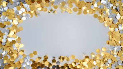 Shiny gold and silver confetti surrounds a blank space for festive celebrations