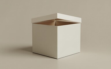 Naklejka premium Minimalist Presentation of a Square Box with Lid Partially Open on Neutral Background for Product Display and Design Mockups