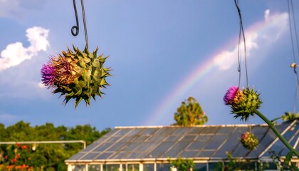 Thistle Flowers with Rainbow Against Sky Over Greenhouse