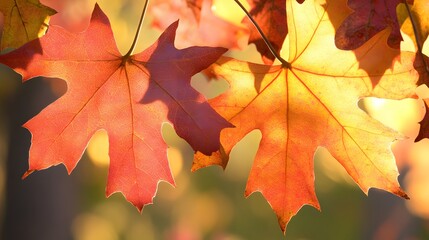 Translucent maple leaves glowing in warm sunlight during autumn season