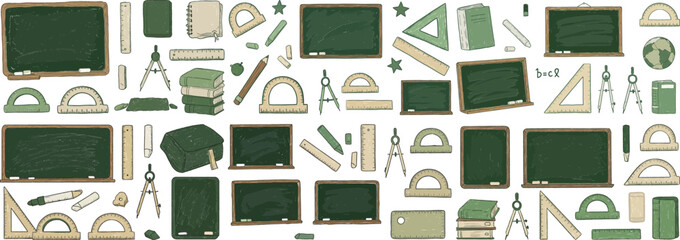 Colorful illustrations of school supplies and chalkboards in a playful, vibrant style.