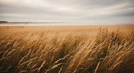 Obraz premium A serene landscape of a vast golden field with tall dry grass under a cloudy sky, creating a peaceful and moody atmosphere