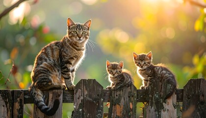 A proud adult cat with two kittens sits on a wooden fence, framed by soft sunlight and lush greenery in a natural setting