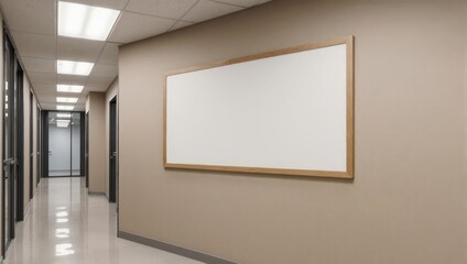 Brightly lit hallway with whiteboard in office building.