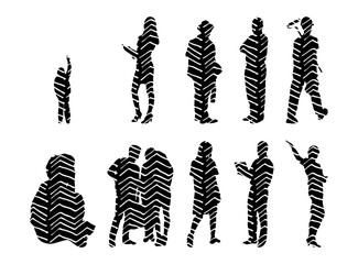 Vector illustration, Outline silhouettes of people, Contour drawing, people silhouette, Icon Set Isolated , Silhouette of sitting people, Architectural set