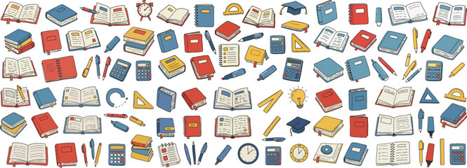 A vibrant collection of school supplies, books, and educational items in various colors and styles.
