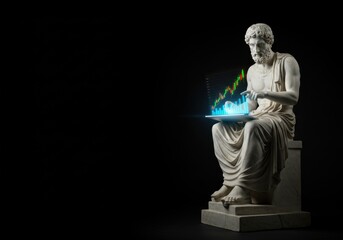 Classical statue of a philosopher reviewing a glowing, holographic stock market chart on a digital tablet