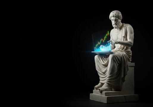 Classical statue of a philosopher reviewing a glowing, holographic stock market chart on a digital tablet