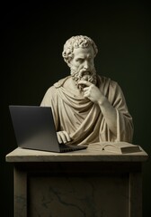 Marble bust of an ancient thinker with a beard, deep in thought while typing on a modern laptop