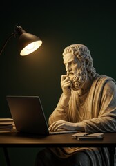 Classical marble sculpture of a Greek philosopher using a modern laptop under a warm desk lamp