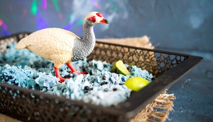 Toy Bird in a Tray with Blue Decorative Elements and Limes