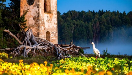 Tower Ruins and White Bird in Field with Yellow Flowers by Forest