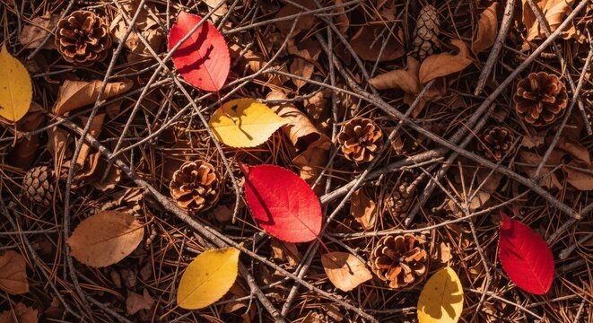 A vibrant flat lay of pine needles, brown pine cones, and colorful autumn leaves creating a beautiful, detailed pattern on the forest floor