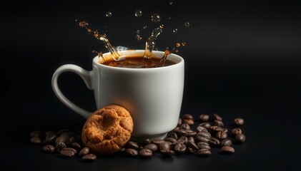 A captivating image of a coffee cup splashing with liquid, accompanied by a cookie and coffee beans on a dark background.
