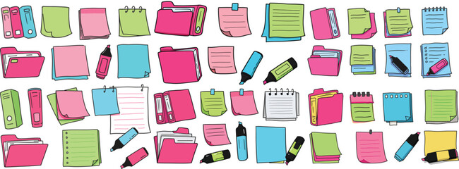Colorful collection of stationery supplies, featuring sticky notes, folders, and pens in vibrant colors.