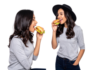 Pair of Casual Young Woman with Burger Scenes, isolated on transparent background