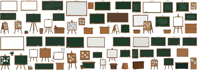 A diverse collection of chalkboards and display boards in various styles and shapes.
