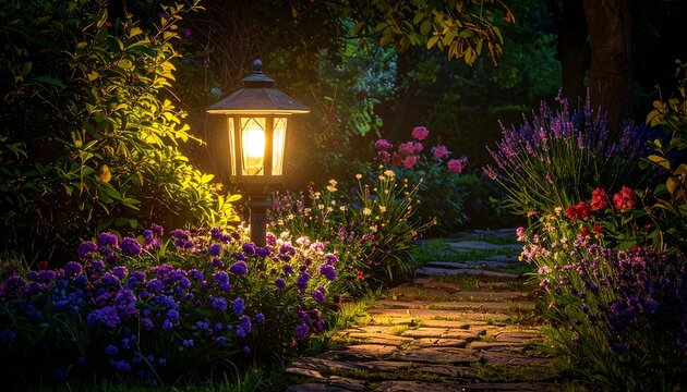 A serene garden path, illuminated by a vintage lantern, flanked by vibrant flowers under a twilight sky
