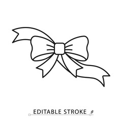 A decorative ribbon bow icon in a minimalist line style with editable stroke. Gift wrapping, celebration decoration, birthday surprise, holiday present, wedding party accessory.