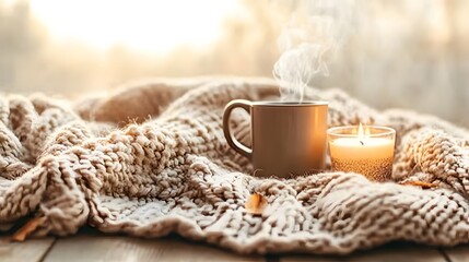 Cozy autumn scene featuring coffee mug, candle and soft wool blanket