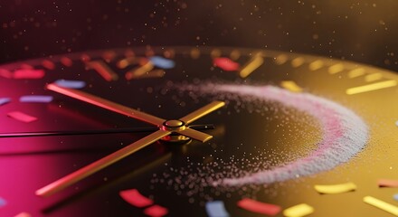 Obraz premium Dramatic Clock Face with Golden Hands and Confetti Marking Time Passing, Conceptual New Year Celebration