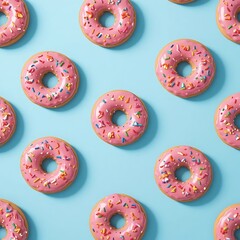 Fototapeta premium Delicious pink frosted doughnuts with sprinkles arranged on a bright blue surface top view