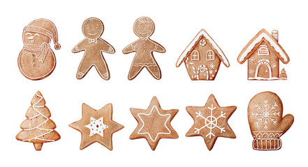 Watercolor Gingerbread Cookies Set for Christmas and Winter Holidays