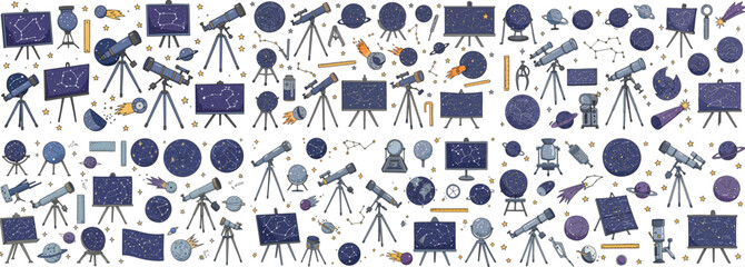 Colorful space-themed illustrations featuring telescopes, planets, and constellations.