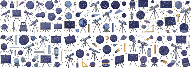 A vibrant collection of telescopes and celestial charts, perfect for astronomy enthusiasts and learners.