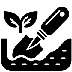 Illustration of a plant seedling being planted with a trowel in the ground in solid black color