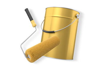 Foam paint roller with handle and shiny metal bucket, isolated on white background with clipping path, concept of painting tools